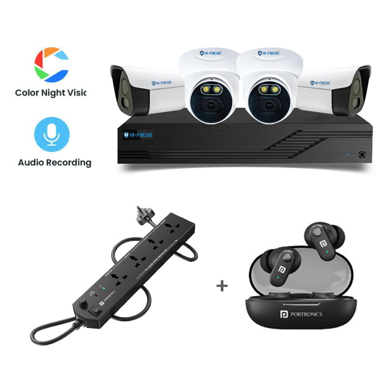 Picture of Hi-Focus 4 CCTV Cameras Combo (2 Indoor & 2 Outdoor CCTV Cameras) (Colour View With Mic) 👨🏻‍🔧With CCTV Installation + 4CH DVR + HDD + Accessories + Power Supply + 90m Cable ++ Portronics Power Plate 10 + Portronics Harmonics Twins S16 Earbuds